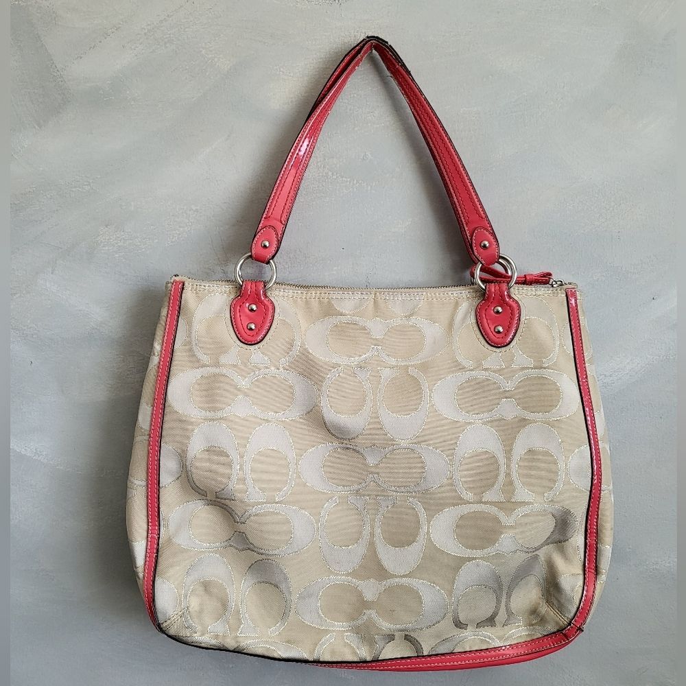 COACH 22455 Poppy Sateen Signature C Glam Tote Purse Handbag Cream/Pink 17 x 12